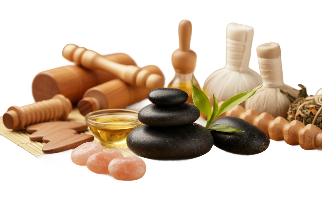 Spa products including massage tools, essential oils, and hot stones